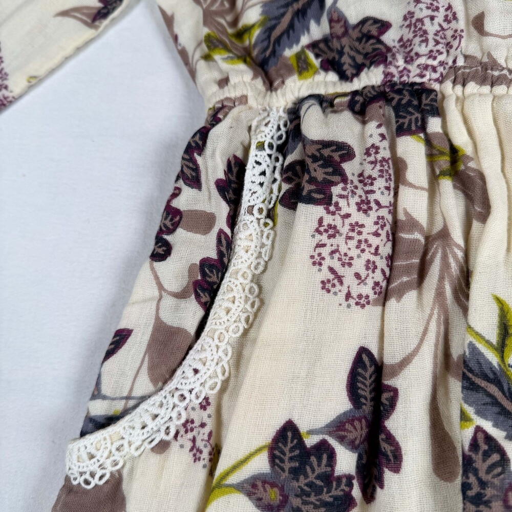 Boho Medium Cotton Floral Dress Button Front Lace Trim - Picture 7 of 8